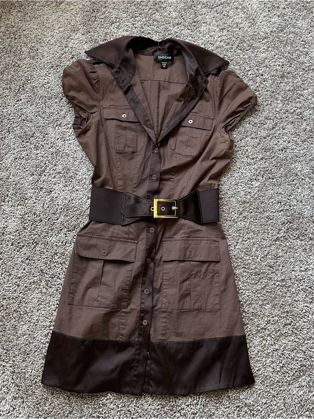 bebe Brown Utility Shirt Mini Dress with Black Belt and Gold Buckle - Picture 2 of 6